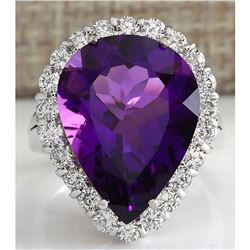 10.56 CTW Natural Amethyst And Diamond Ring In 18K Solid White Gold