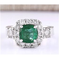 3.46 CTW Natural Emerald And Diamond Ring In 18K White Gold