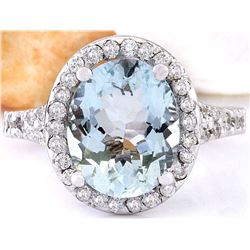 3.68 CTW Natural Aquamarine 18K Solid White Gold Diamond Ring
