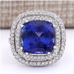 14.55 CTW Natural Blue Tanzanite And Diamond Ring 18K Solid White Gold