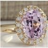 Image 3 : 7.06 CTW Natural Kunzite And Diamond Ring 18K Solid Yellow Gold