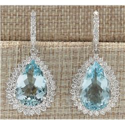 23.90 CTW Natural Blue Aquamarine And Diamond Earrin 14K Solid White Gold