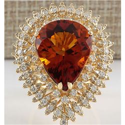 17.40 CTW Natural Madeira Citrine And Diamond Ring 14K Solid Yellow Gold