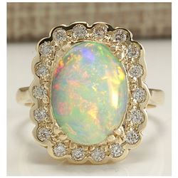 2.95 CTW Natural Opal And Diamond Ring In 18K Solid Yellow Gold