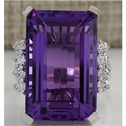 20.85 CTW Natural Amethyst And Diamond Ring In 14K Solid White Gold