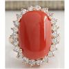 Image 1 : 10.18 CTW Natural Red Coral And Diamond Ring 14K Solid Rose Gold