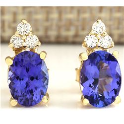 3.00 CTW Natural Blue Tanzanite And Diamond Earrings 18K Solid Yellow Gold