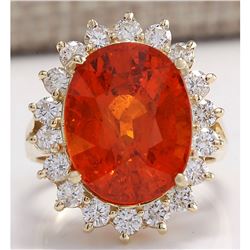 12.41 CTW Natural Mandarin Garnet And Diamond Ring 14K Solid Yellow Gold