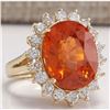 Image 2 : 12.41 CTW Natural Mandarin Garnet And Diamond Ring 14K Solid Yellow Gold
