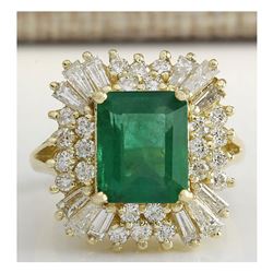 6.11 CTW Natural Emerald And Diamond Ring 18K Solid Yellow Gold