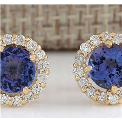 3.65 CTW Natural Blue Tanzanite And Diamond Earrings 18K Solid Yellow Gold