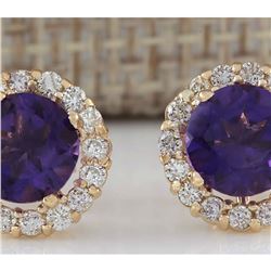 3.65 CTW Natural Amethyst And Diamond Earrings 18K Solid Yellow Gold