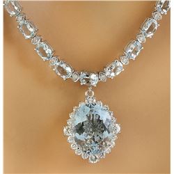 33.44 CTW Aquamarine 14k white Gold Diamond Necklace
