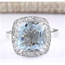 4.63 CTW Natural Aquamarine And Diamond Ring In 18K White Gold