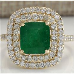 3.50 CTW Natural Emerald And Diamond Ring 18K Solid Yellow Gold