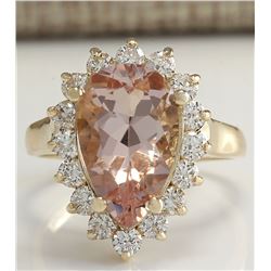 5.00 CTW Natural Peach Morganite And Diamond Ring In 14K Solid Yellow Gold