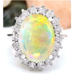 13.10 CTW Natural Opal 18K Solid White Gold Diamond Ring