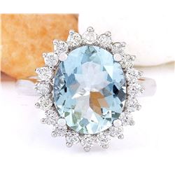 4.31 CTW Natural Aquamarine 18K Solid White Gold Diamond Ring