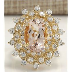 6.33 CTW Natural Peach Morganite And Diamond Ring In 18K Solid Yellow Gold