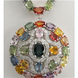 54.53 CTW Natural Ceylon Sapphire And Diamond Necklace In 14K White Gold