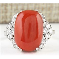 8.86 CTW Natural Coral And Diamond Ring In 14k White Gold