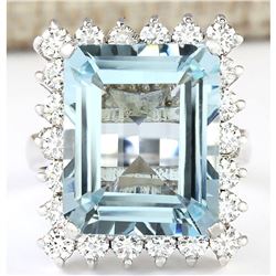 12.71 CTW Natural Aquamarine And Diamond Ring In 14K Solid White Gold