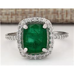 3.21 CTW Natural Emerald And Diamond Ring In 18K White Gold