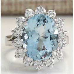6.96 CTW Natural Aquamarine And Diamond Ring In 18K Solid White Gold