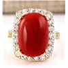 Image 1 : 11.78 CTW Natural Coral And Diamond Ring In 18K Yellow Gold