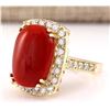 Image 2 : 11.78 CTW Natural Coral And Diamond Ring In 18K Yellow Gold