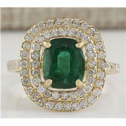 3.03 CTW Natural Emerald And Diamond Ring 18K Solid Yellow Gold