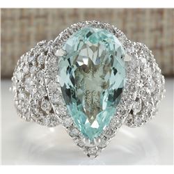 7.30 CTW Natural Aquamarine And Diamond Ring In 18K Solid White Gold