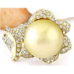 11.28 mm Gold South Sea Pearl 18K Solid Yellow Gold Diamond Ring