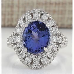 6.46 CTW Natural Tanzanite And Diamond Ring In 18K White Gold