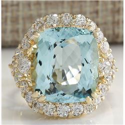 13.13CTW Natural Aquamarine And Diamond Ring In18K Solid Yello Gold