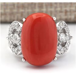 10.20 CTW Natural Coral And Diamond Ring In 18K White Gold