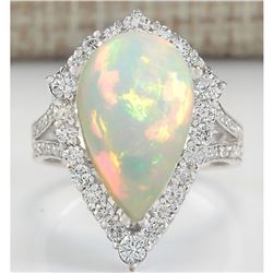 7.13 CTW Natural Opal And Diamond Ring In 14K White Gold