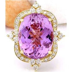 19.89 CTW Natural Kunzite 14K Solid Yellow Gold Diamond Ring