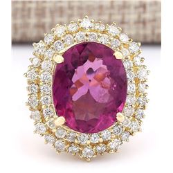 9.60 CTW Natural Pink Tourmaline And Diamond Ring 18K Solid Yellow Gold