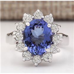 3.65 CTW Natural Blue Tanzanite And Diamond Ring 18K Solid White Gold