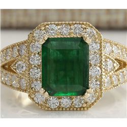 3.29 CTW Natural Emerald And Diamond Ring 18K Solid Yellow Gold