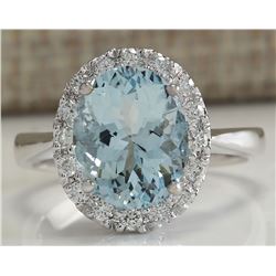 3.79 CTW Natural Aquamarine And Diamond Ring In 18K Solid White Gold