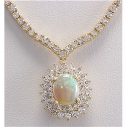 12.45 CTW Natural Australian Opal And Diamond Necklace In 18K Yellow Gold