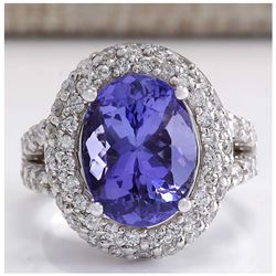 9.85CTW Natural Blue Tanzanite And Diamond Ring 18K Solid White Gold