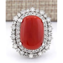 10.22 CTW Natural Coral And Diamond Ring In 14k White Gold