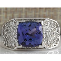 3.65 CTW Natural Blue Tanzanite And Diamond Ring In 18K White Gold