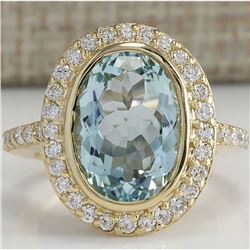 6.35 CTW Natural Aquamarine And Diamond Ring In 18K Solid Yellow Gold