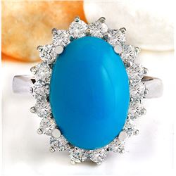 5.29 CTW Natural Turquoise 18K Solid White Gold Diamond Ring