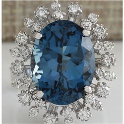 13.13CTW Natural London Blue Topaz And Diamond Ring In18K Solid White Gold