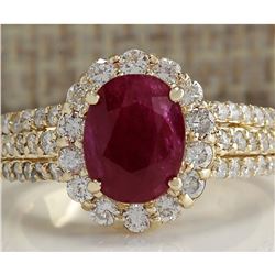3.73 CTW Natural Red Ruby And Diamond Ring 14K Solid Yellow Gold